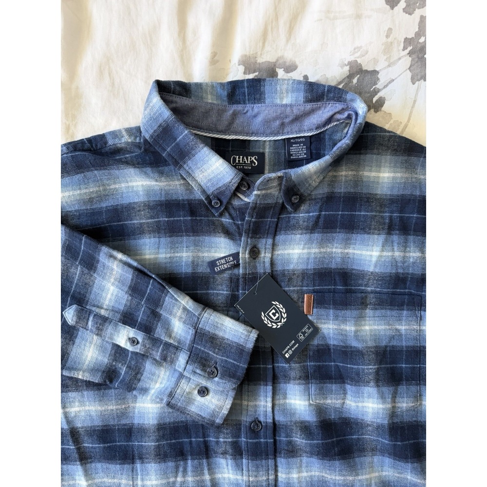NWT NEW Chaps Flannel Stretch Casual Long Sleeve Shirt Blue Plaid Check Workwear